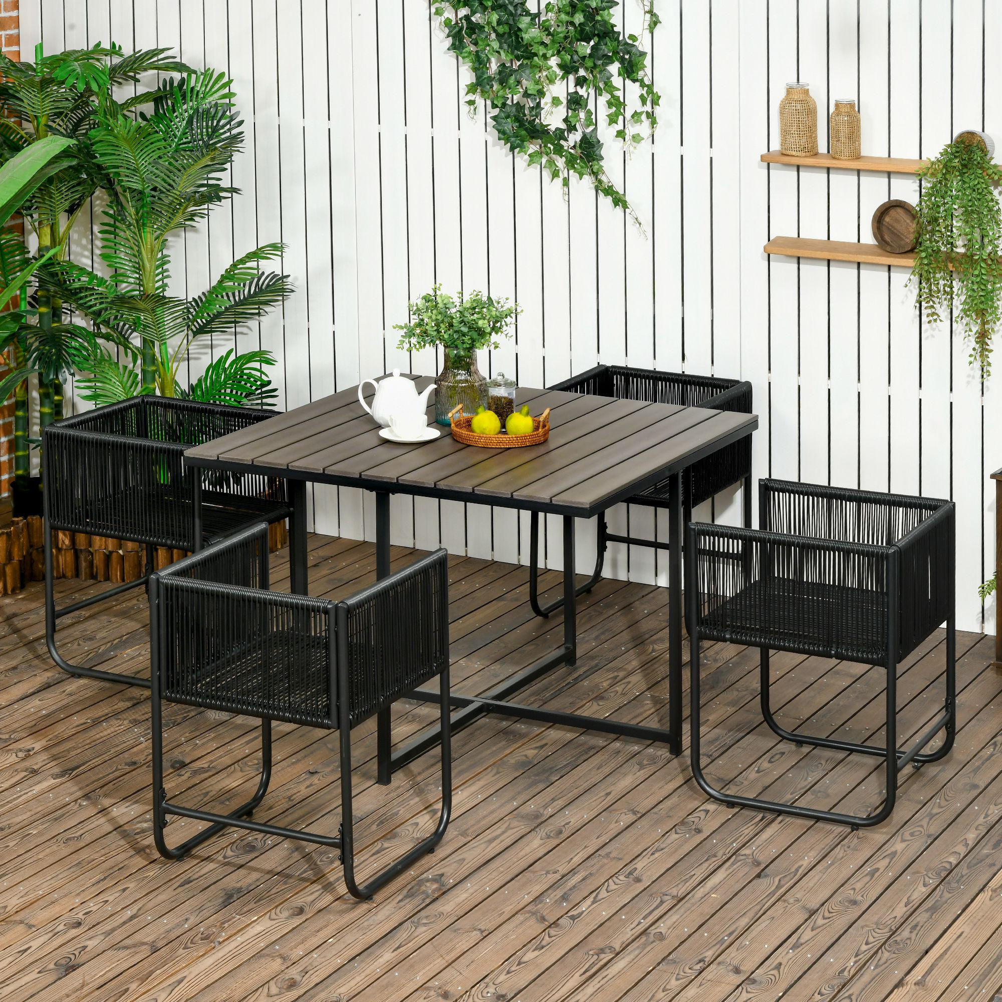 ESSTISCH mit 4 Stühlen, 5-tlg. Polyrattan Gartenmöbel Set, Gartensitzgruppe, Grau - Grau, Kunststoff - Outsunny