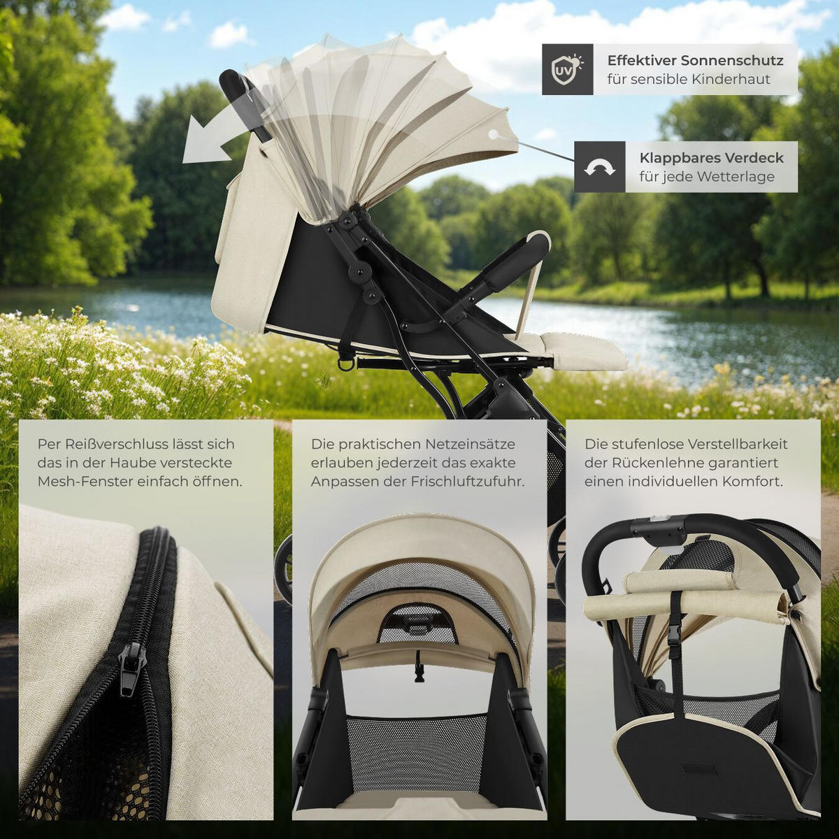 BUGGY-KINDERWAGEN Finn, für 0 bis 36 Monate geeignet, Belastbarkeit 15 kg, grau/beige - Beige/Grau, Textil (95/51/105cm) - tectake