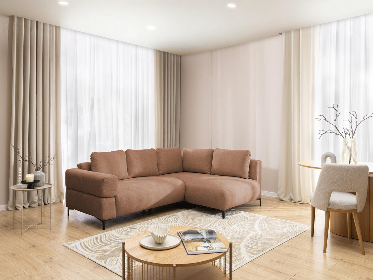 ECKSOFA Cardea in Bubble-Optik aus weichem Terrakotta Strukturstoff mit hohem Sitzkomfort - Ottomane rechts - Terracotta/Schwarz, Holz/Textil (230/170cm) - S-Style Möbel