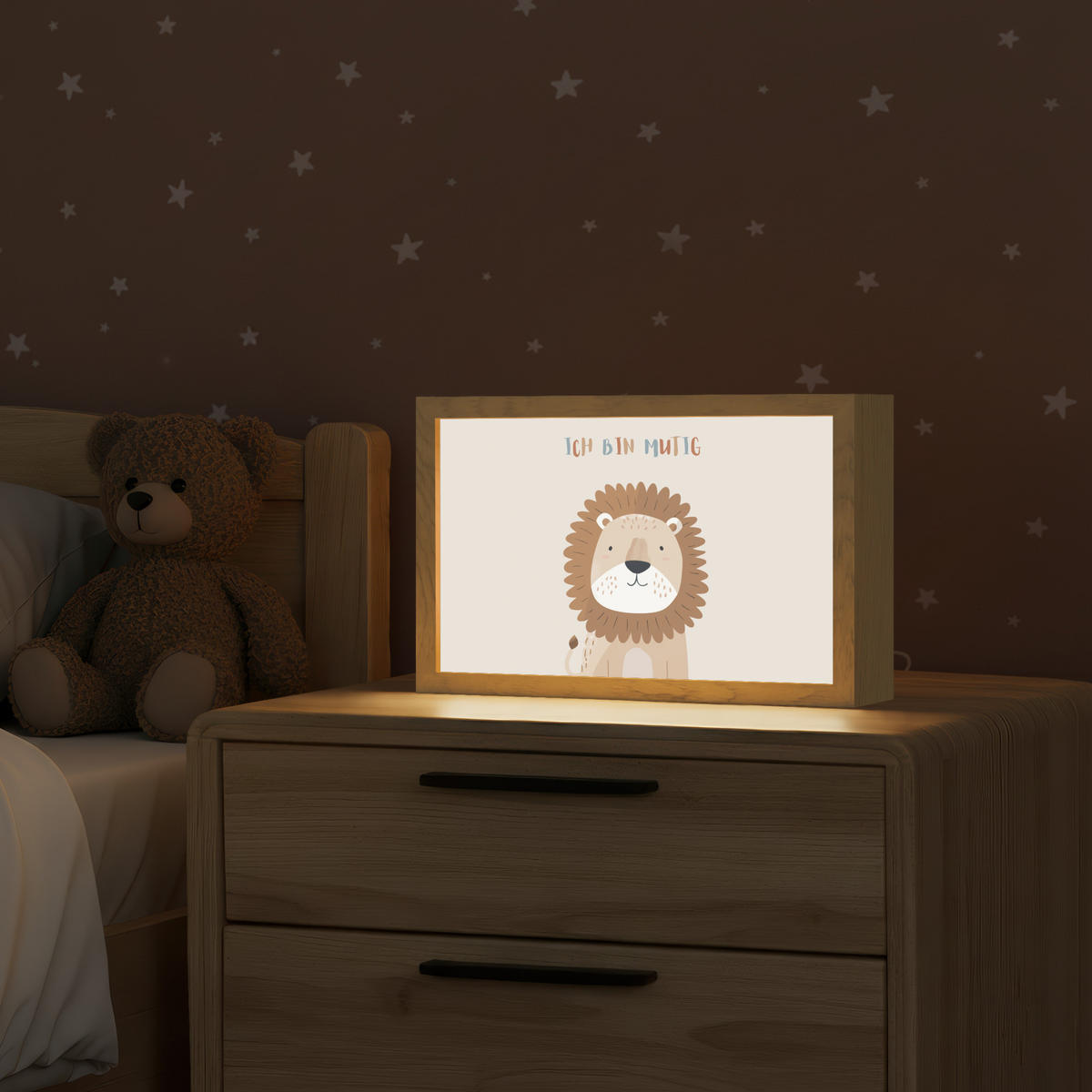 NACHTTISCHLAMPE Löwe - Beige - Tier - Mutig - Zitat 30x20 cm - Beige, Holzwerkstoff (8/30/20cm)