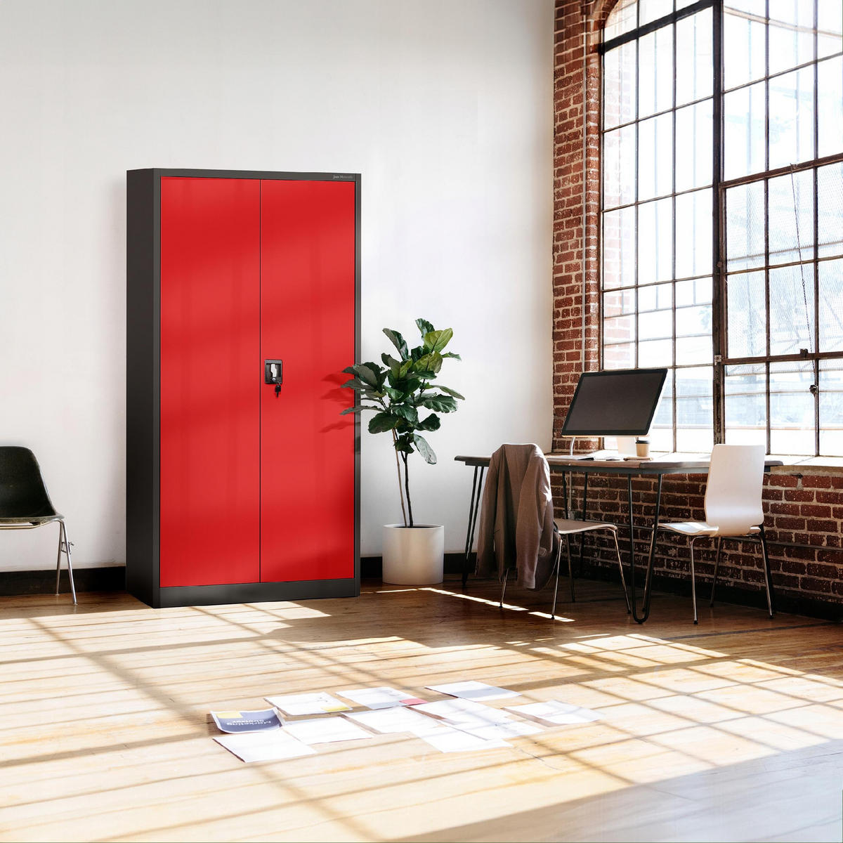AKTENSCHRANK JAN 185x90x45 cm - Anthrazit/Rot, Metall (90/185/40cm) - Jan Nowak