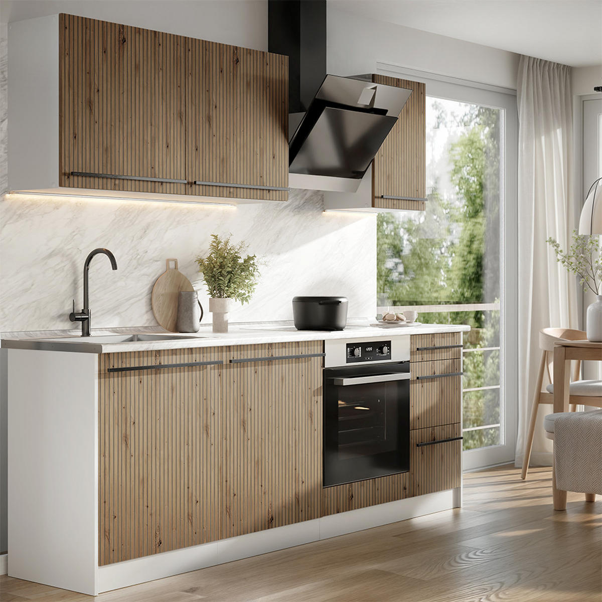 KÜCHENZEILE R-Line, Artisan-Eiche/Weiß, 220 cm Arbeitsplatte Anthrazit - Eiche Artisan/Weiß, Holzwerkstoff (220/81.6/60cm) - Vicco