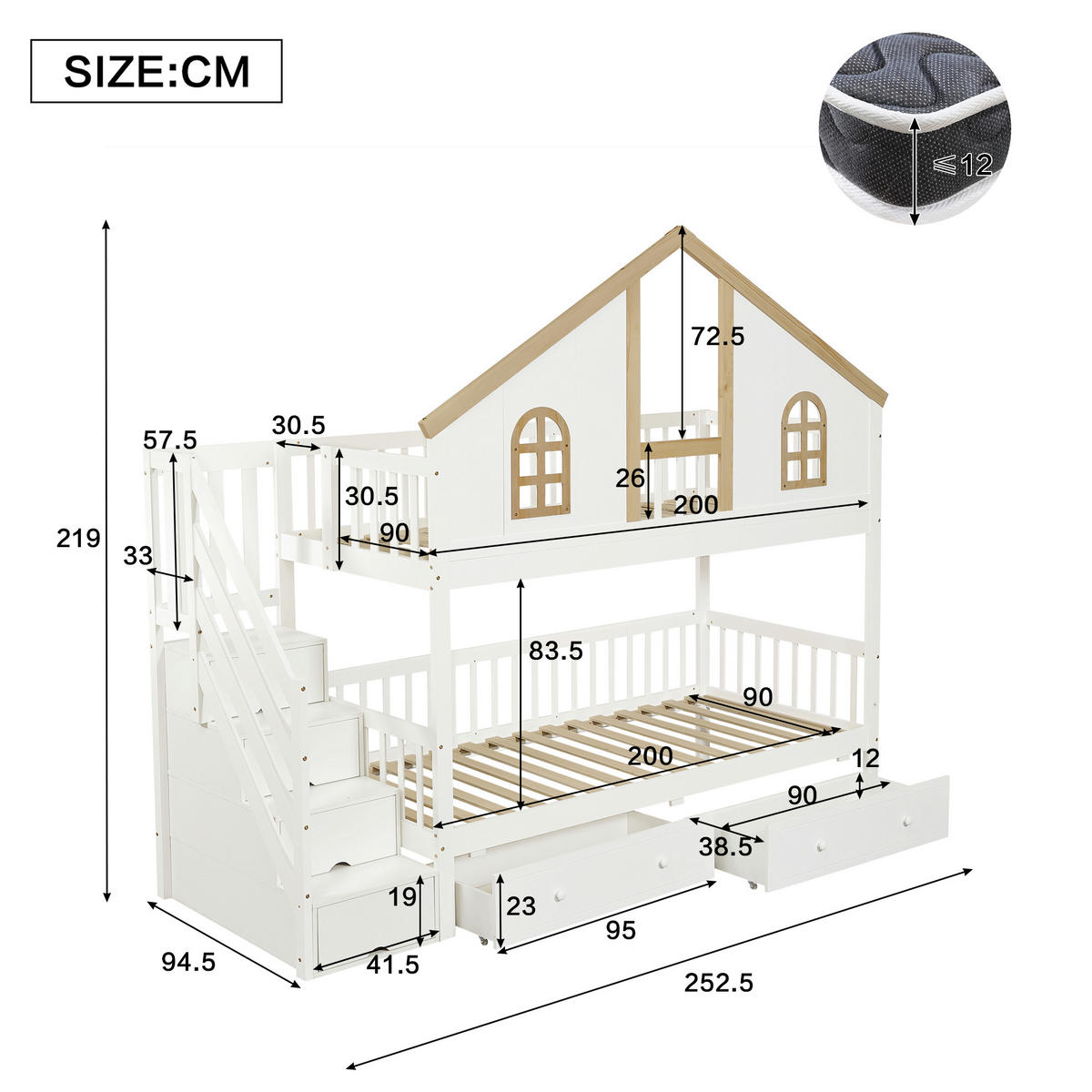 ETAGENBETT 90/200 cm Hausbett mit Stauraumtreppe, DE-41749, in Weiß - Weiß, Holzwerkstoff (90/200cm) - ComfortXL