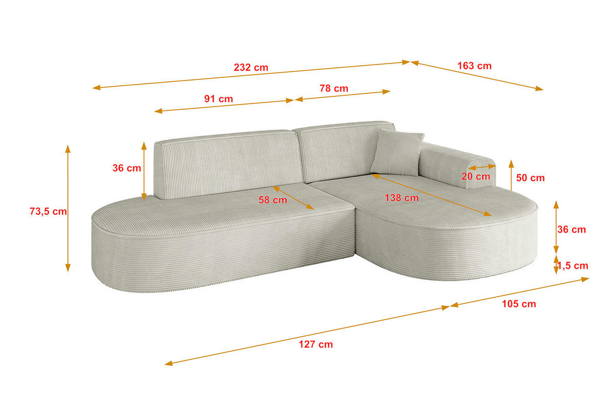 ECKSOFA Ottomane Rechts MARI-L1 - 232x163x73,5 cm Hellgrau Cord - Hellgrau/Schwarz, Holzwerkstoff/Kunststoff (234/163cm) - ALTDECOR