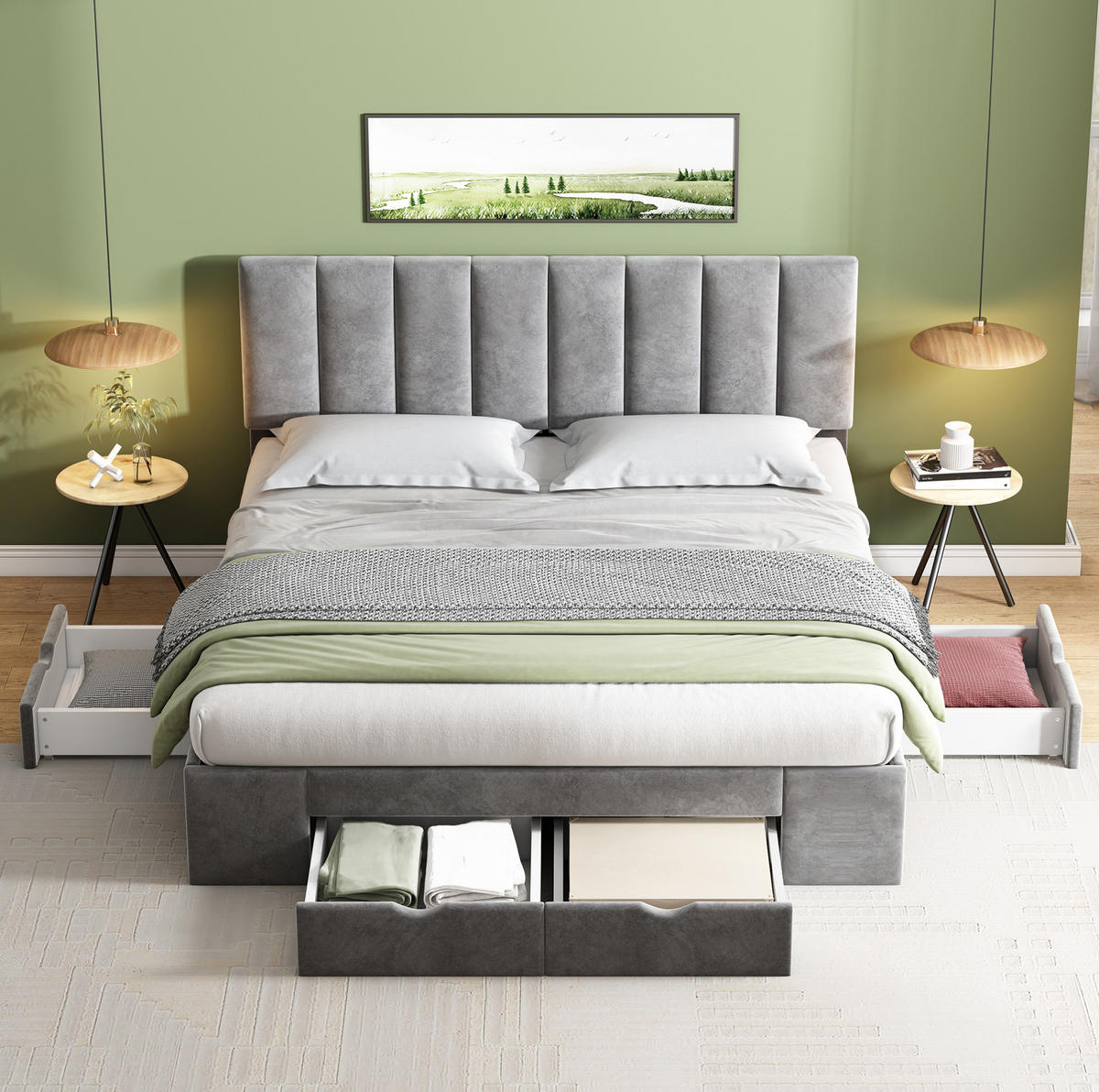 POLSTERBETT aus Samt 160x200 cm Grau mit 4 Schubladen und verstellbarem Kopfteil - Grau, Textil (160/200cm) - IVMEU