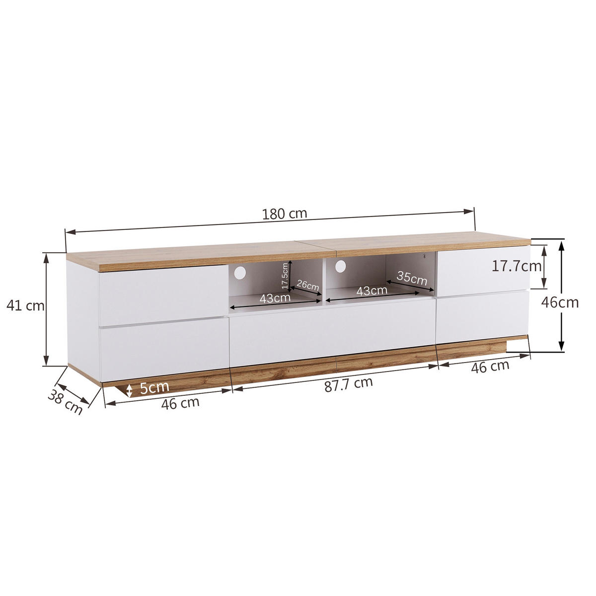 TV-SCHRANK 180 cm in Weiß & Holz-Optik Modernes Color-Block-Design - Weiß, Holzwerkstoff (180/46/38cm) - Urban Meuble