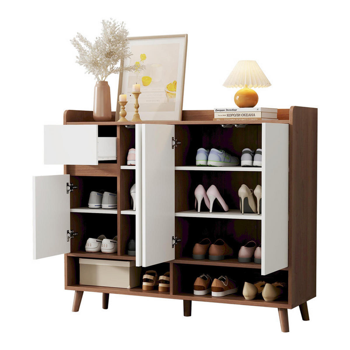 SCHUHSCHRANK WEISS mit 4 Türen und 1 Schublade verstellbares Regal 120x35x99 cm - Weiß, Holzwerkstoff (35/99/120cm) - Fuleadture