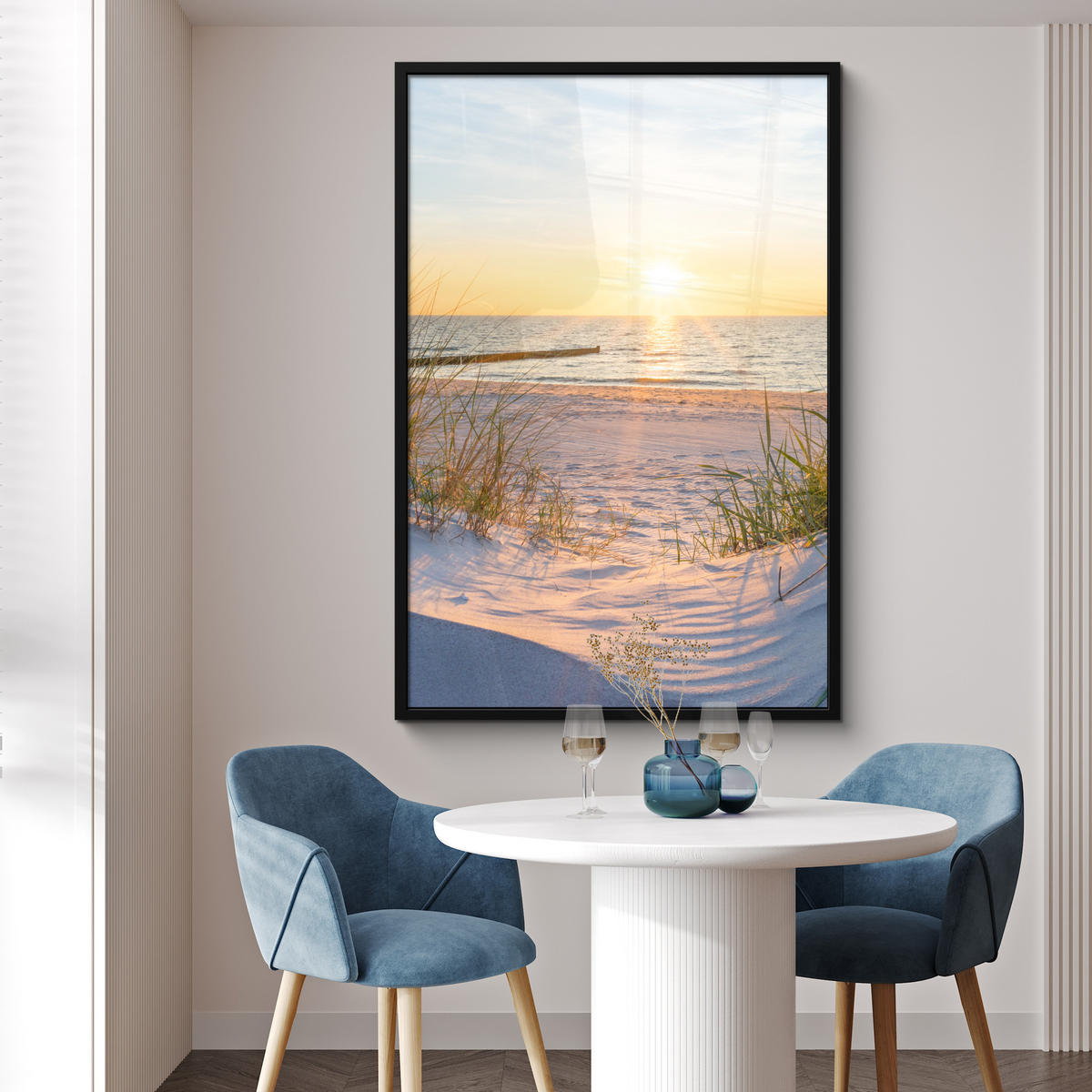 GERAHMTES BILD Strand - Sonne - Düne - Gras - Sand - Horizont 80x120 cm - Hellblau, Papier (80/120cm) - MuchoWow