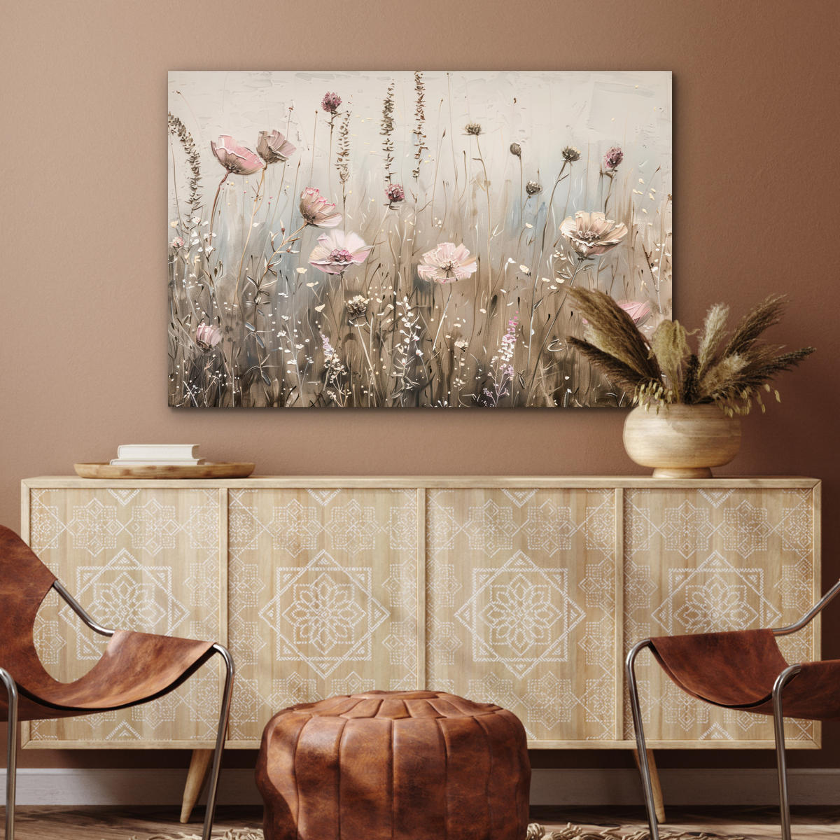 METALLBILD Blumen - Rosa - Modern - Beige 120x80 cm - Beige, Metall (120/80cm) - MuchoWow
