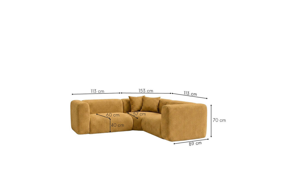 ECKSOFA Modulares, Corner mini, Chenille-Stoff Cremona, Golden, GRETA - Goldfarben, Holz (380/190cm) - Kaiser Möbel