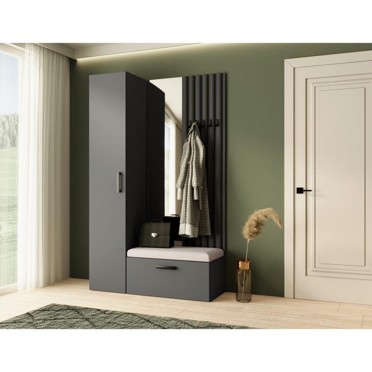 GARDEROBE Margaret II 121/203/43 mit Lamellen und Hochschrank - Schwarz/Graphitfarben, Holzwerkstoff/Kunststoff (121/203/43cm) - Beautysofa