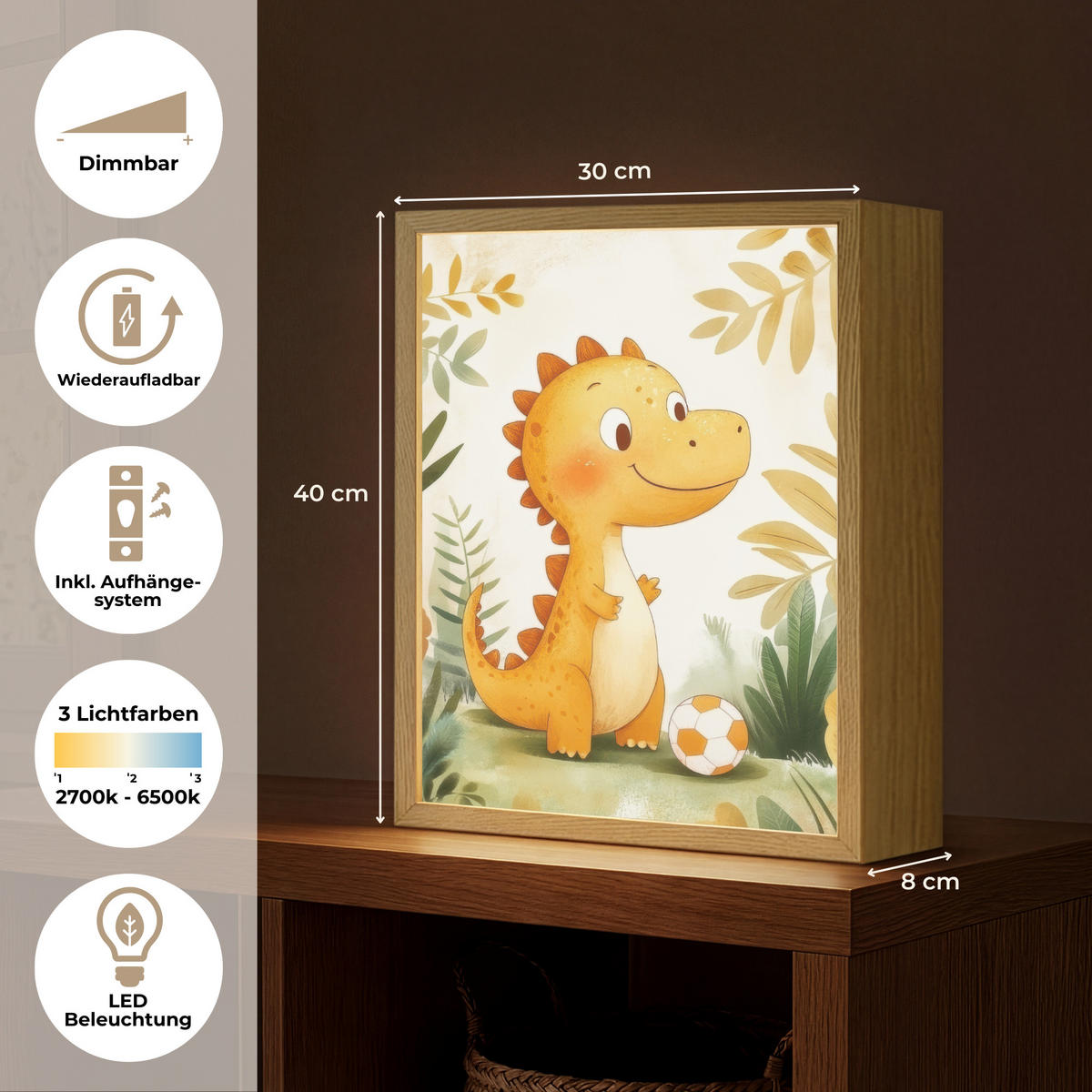 NÁSTĚNNÁ LAMPA S AKUMULÁTOREM Dino - Fotbal - Orange 30x40 cm - béžová, kompozitní dřevo (30/40/8cm) - OnlyWow