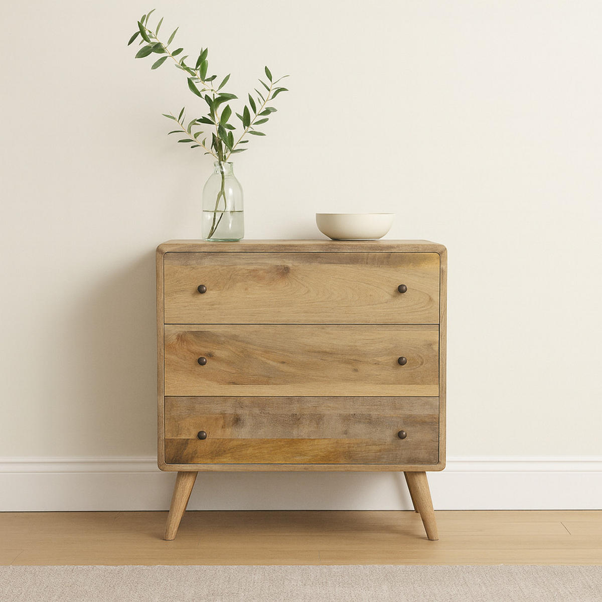 KOMMODE 3-Schubladen, Beige - Messingfarben/Braun, Holz/Metall (70/80/35cm) - Artisan Furniture