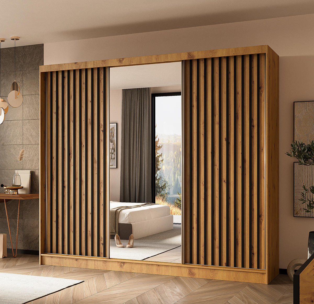 SCHWEBETÜRENSCHRANK Cabinio Eiche Artisan Schwarz 240/216/61 cm – mit Spiegel und Lamellen - Walnussfarben/Schwarz, Holzwerkstoff/Kunststoff (240/216/61cm) - AX Living