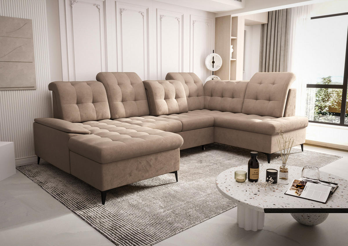 WOHNLANDSCHAFT KONGO RBN17, Eckcouch in U-Form mit Schlaffunktion, Farbe: Beige, Velourstoff, Ottomane Links - Beige, Textil (343/107/210cm) - O-Sofa