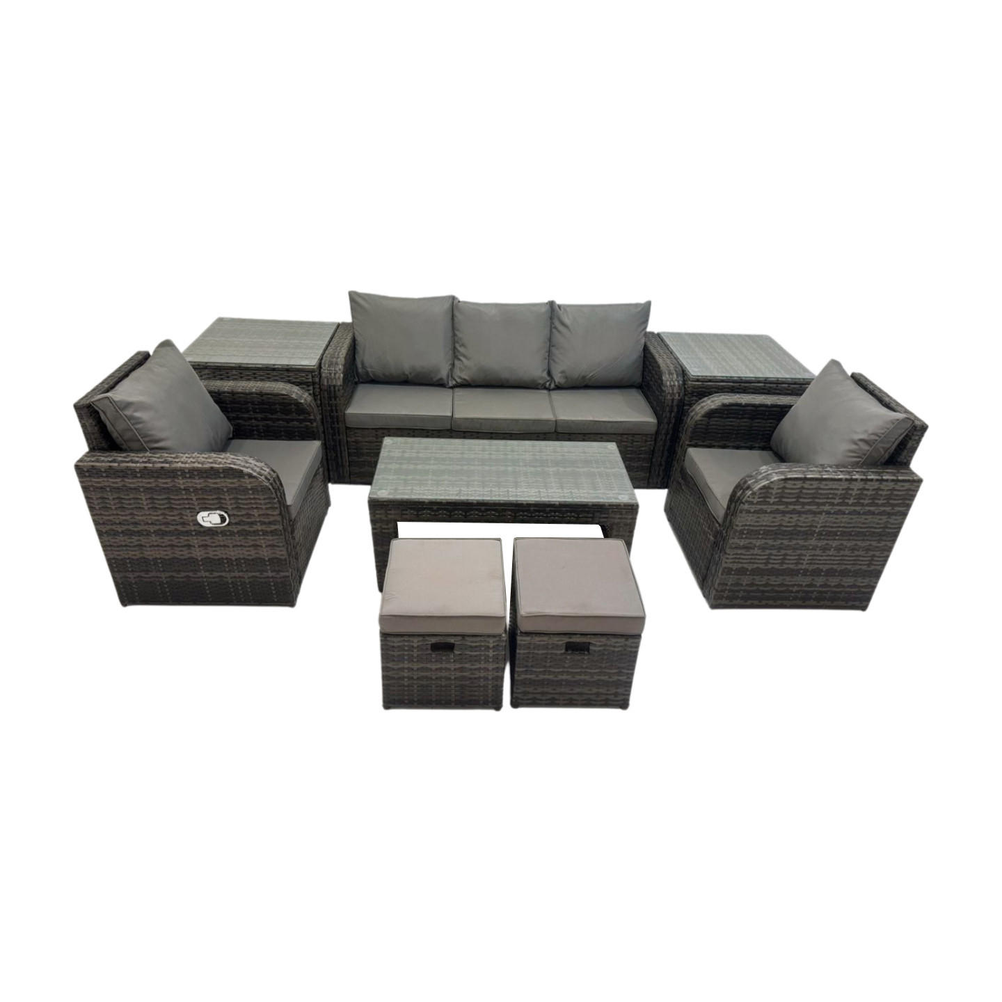 GARTENSOFA SET mit LIEGESTUHL Polyrattan 7-Sitzer Dunkelgrau - Dunkelgrau/Grau, Glas/Kunststoff - Fimous