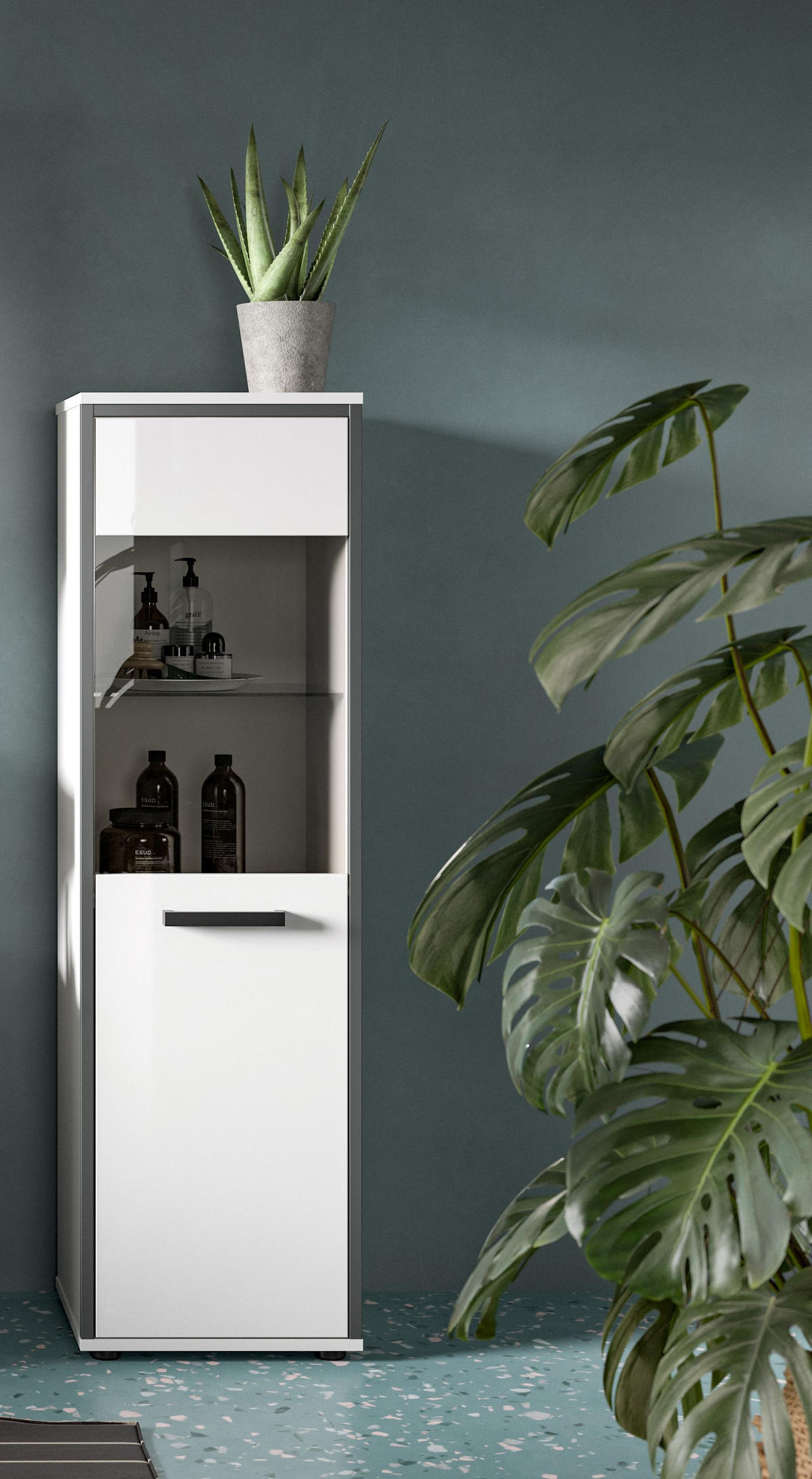 BADSCHRANK KOJAK (B/H/T: ca. 40/139/34 cm) in weiß/weiß hochglanz - Weiß, Holzwerkstoff (40/139/34cm)