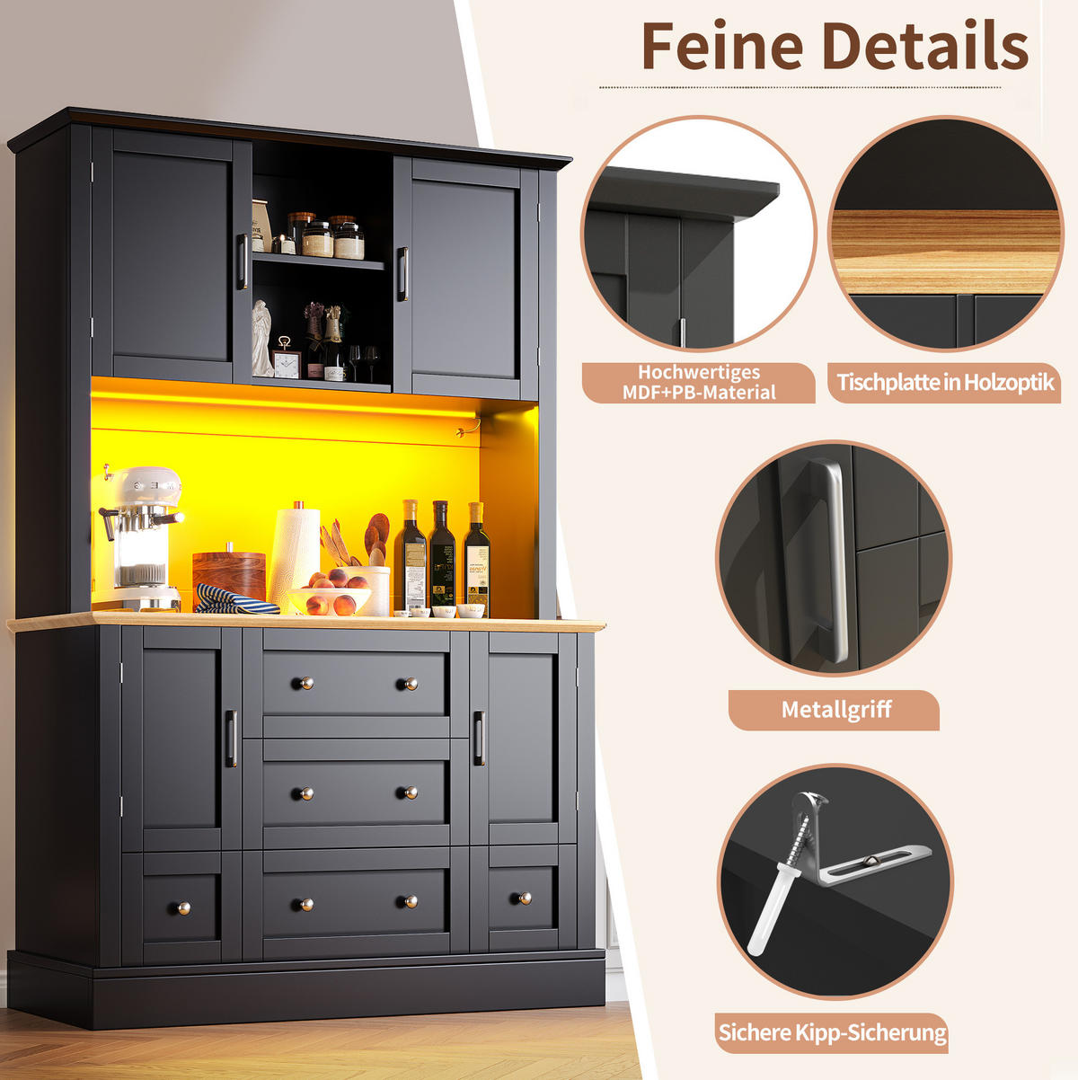 ANRICHTE Hochschrank 115/40/180 cm aus MDF mit LED-Beleuchtung und App-Steuerung Schwarz/Natur - Schwarz, Holzwerkstoff (115/180/40cm) - Modenvie