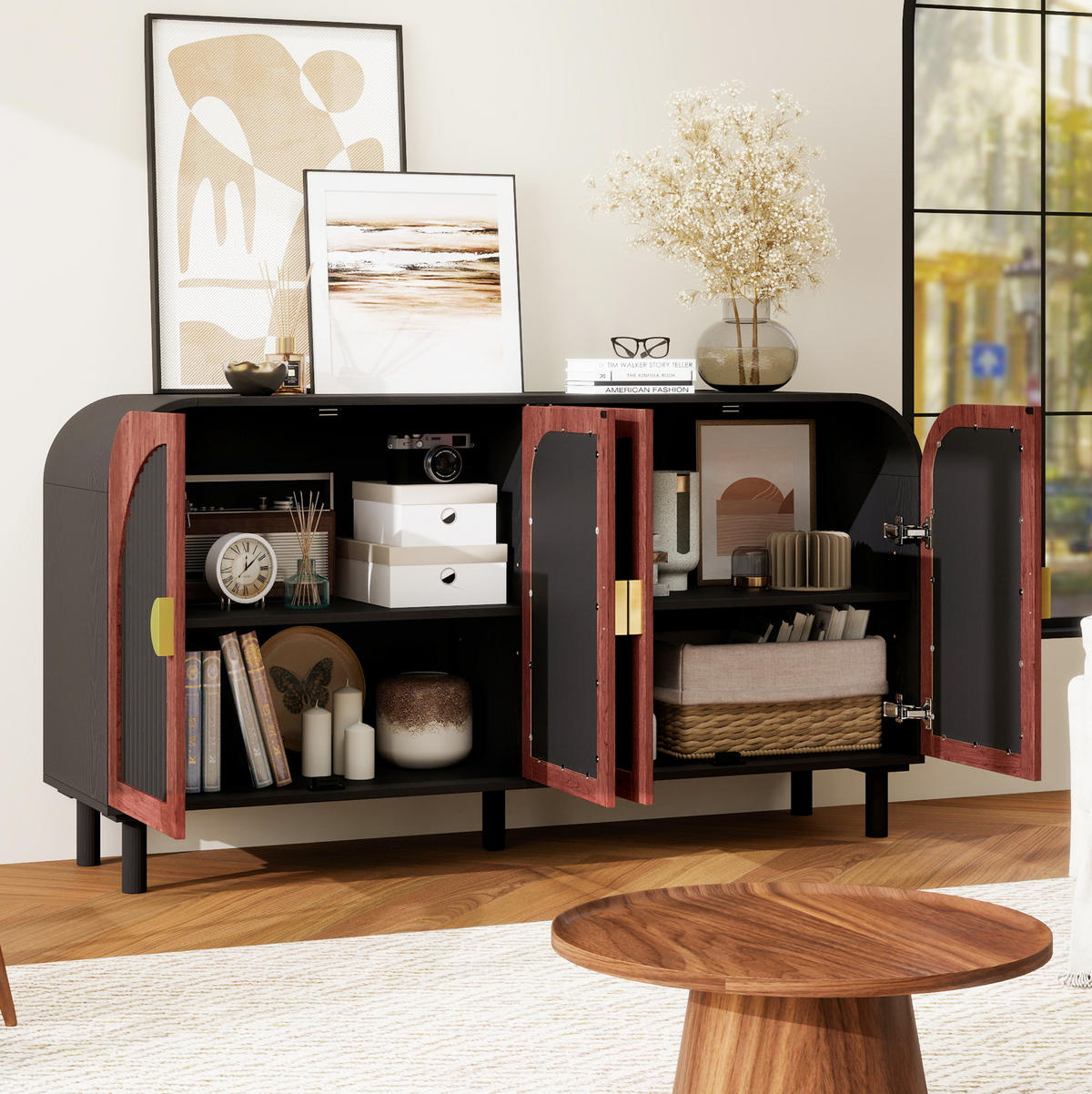 SIDEBOARD 150/40/80 cm schwarz aus Holzwerkstoff mit 4 Türen - Schwarz, Holzwerkstoff (40/80/150cm) - OKWISH