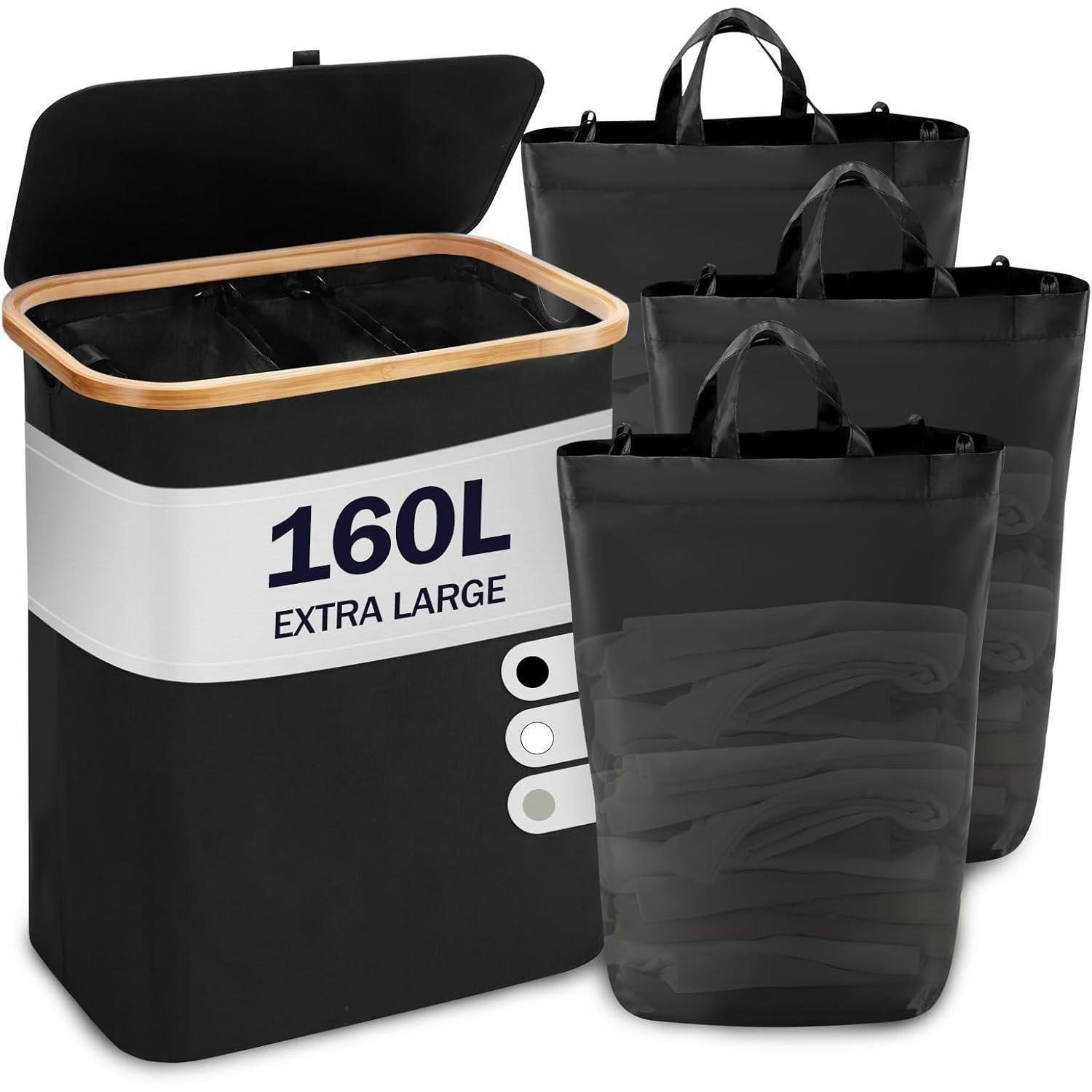 WÄSCHEKORB mit Deckel 3 Fächer 160L Schwarz - Schwarz, Naturmaterialien (37/74/57cm)