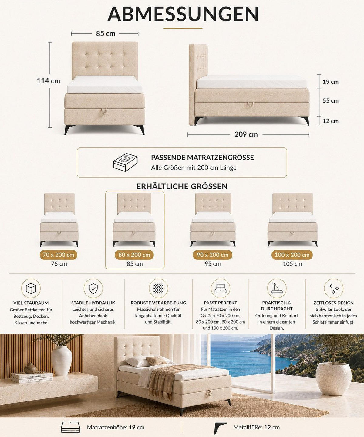 BOXBETT K15 Single SLIM mit Bettkasten & Bonell-Federkern inkl. Topper - Beige, Holz/Textil (200/80cm) - Best For Home
