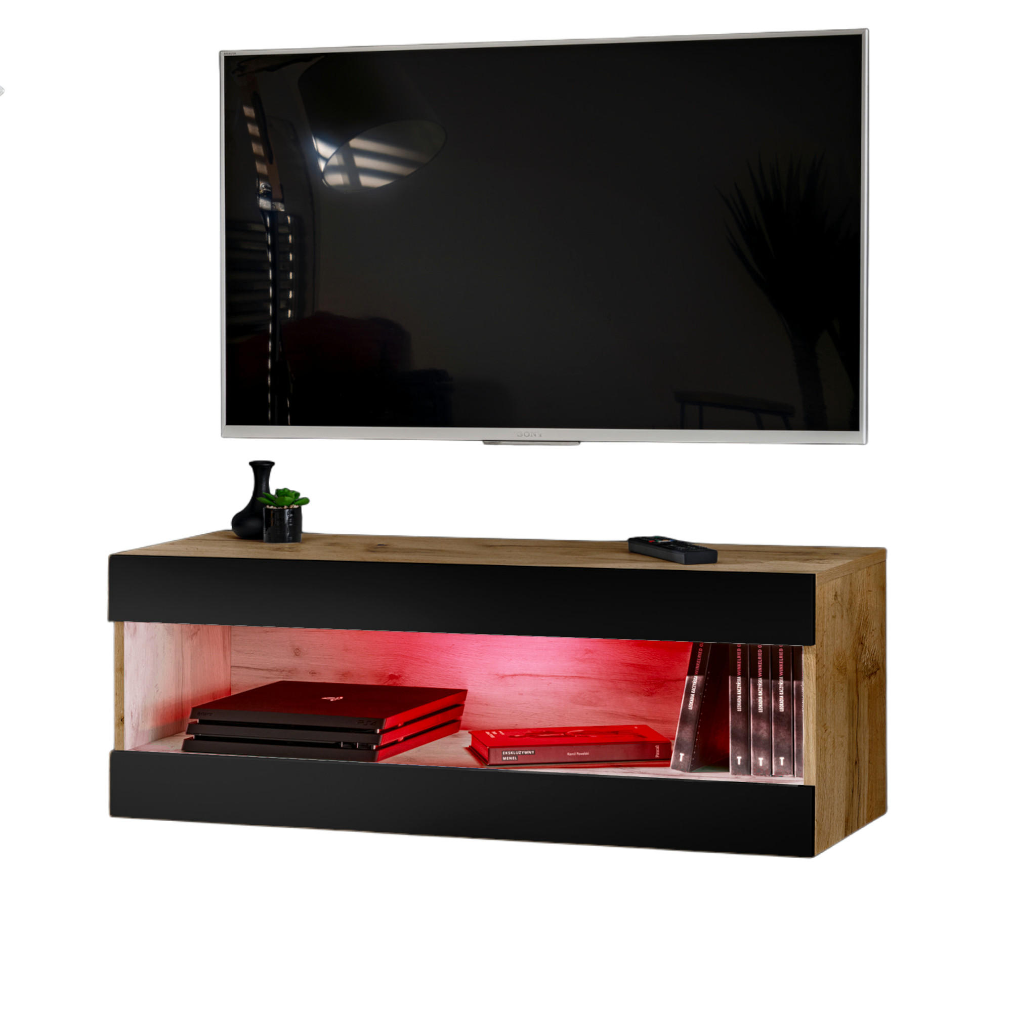 HÄNGEBOARD TV TIVOLI RTV2+RGB Offener Raum Wotan + Schwarz - Eiche Wotan/Schwarz, Glas/Holzwerkstoff (100/36/35cm) - Komodee