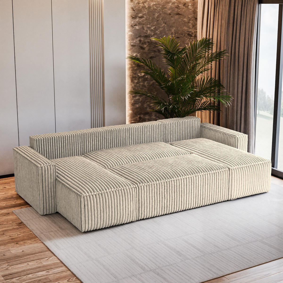 WOHNLANDSCHAFT PESANO T Creme Kordstoff mit Schlaffunktion - Creme, Holz (306/85/140cm) - MASSENO