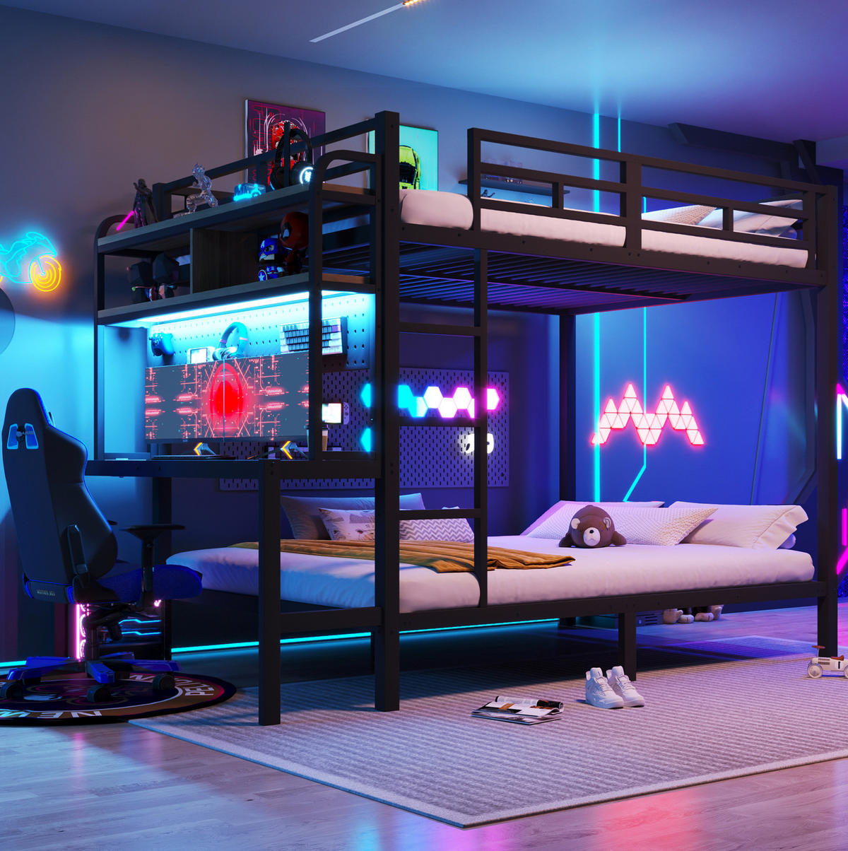 ETAGENBETT aus Metall und MDF 140x200 cm Schwarz mit Schreibtisch, Ablagefächern, LED-Lichtleiste und USB-Anschluss - Schwarz, Metall (140/200cm) - Modfu
