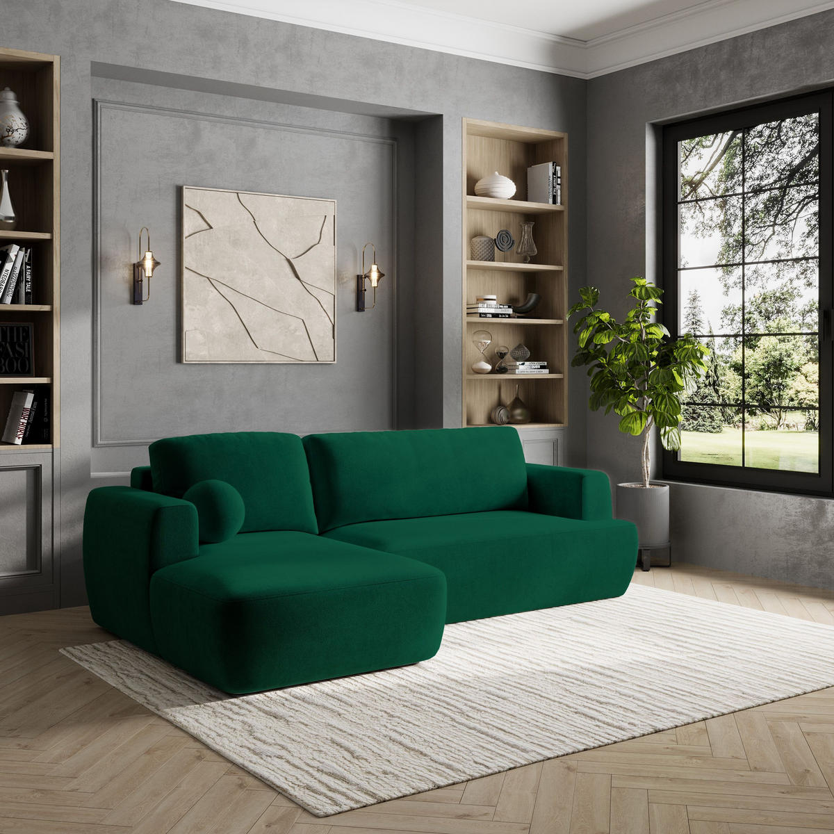 ECKSOFA SENTI K L-S Grün Plüsch-Stoff mit Schlaffunktion - Grün, Holz (246/148cm) - MASSENO