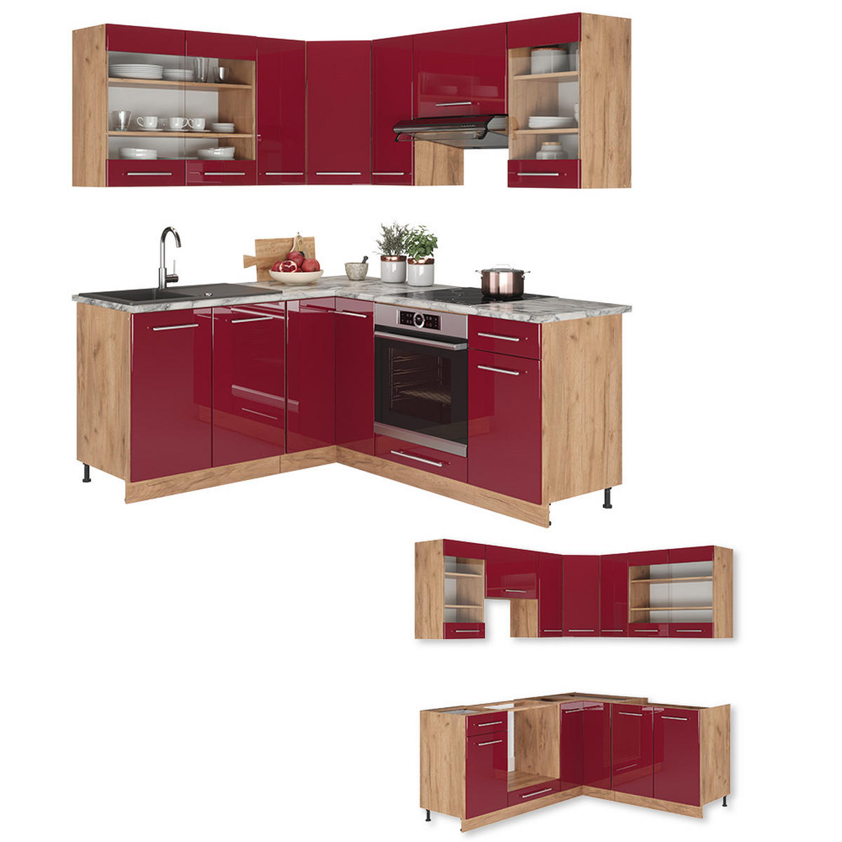 ECKKÜCHE Fame-Line Bordeaux Hochglanz/Goldkraft Eiche 160 x 60 cm ohne AP - Honigeiche/Bordeaux, Holzwerkstoff (190/81.6/46cm) - Vicco
