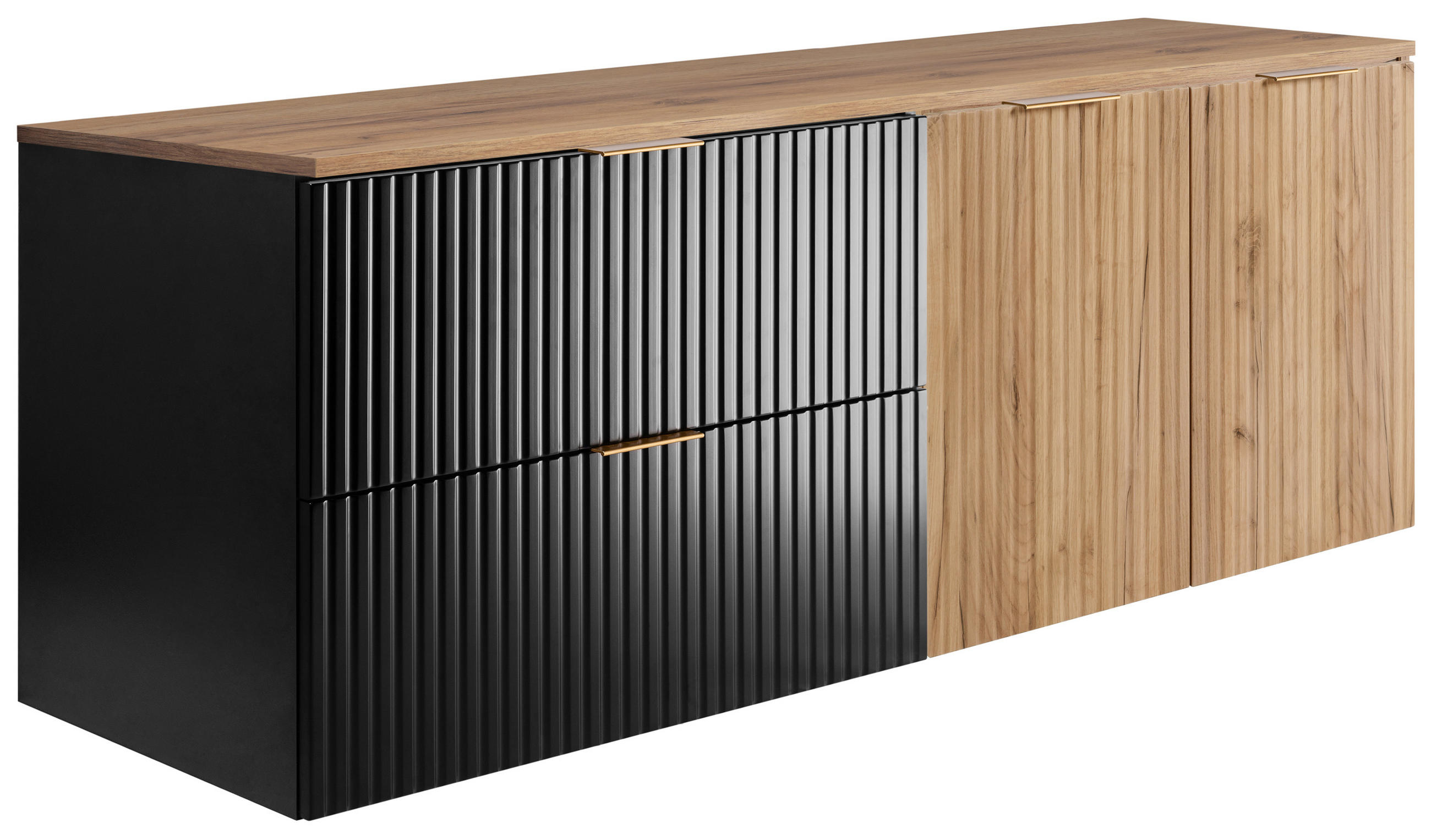 BADEZIMMER-SET, 57×46×160 cm, Schwarz / Eiche Craft / Eiche Craft Arbeitsplatte /, goldener Griff - Braun, Holzwerkstoff (160/57/46cm) - 3XE LIVING
