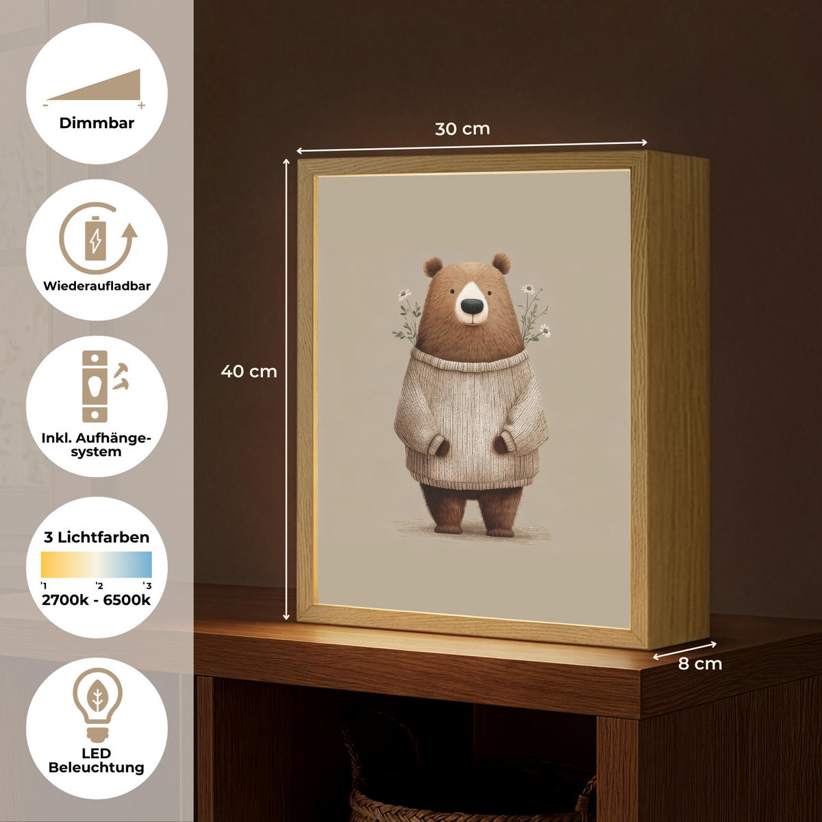 NACHTTISCHLAMPE MIT AKKU Bär - Weiße Blumen - Gemütlich 30x40 cm - Taupe, Holzwerkstoff (8/30/40cm) - OnlyWow