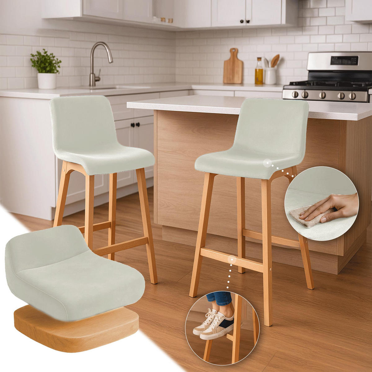 BARHOCKER Samt Creme - Eukalyptusholzfarben/Creme, Holz/Textil (41/101/46cm) - CLP
