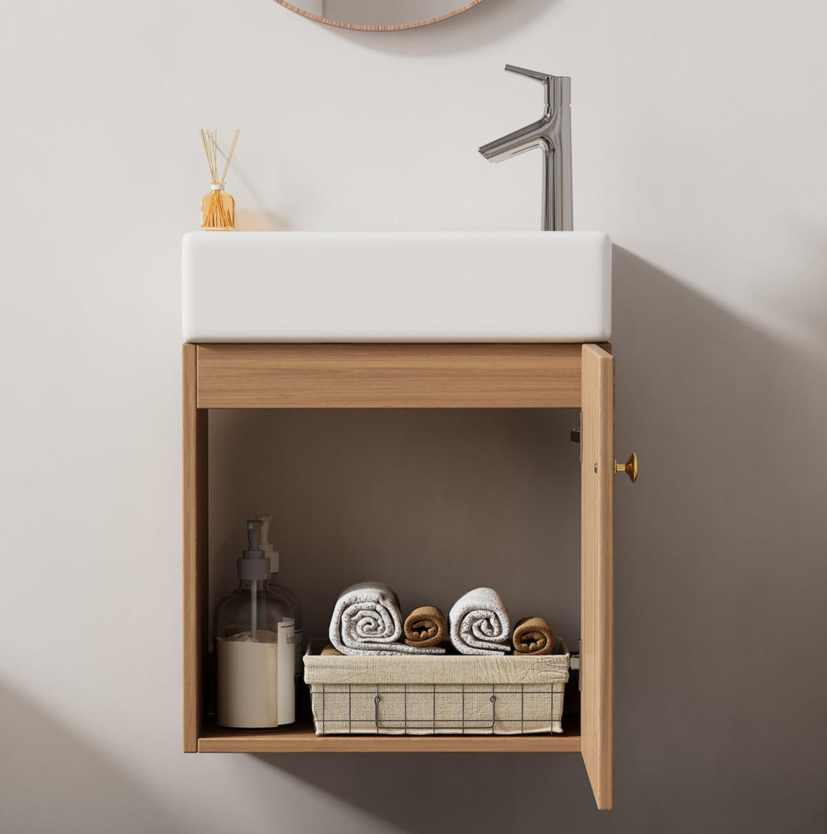 KOUPELNOVÁ skříňka s umyvadlem z MDF 46x26x56 cm v dekoru přírodního dřeva se soft-close dvířky a 3D čelem - přírodní, kompozitní dřevo (46/56/26cm) - Modfu