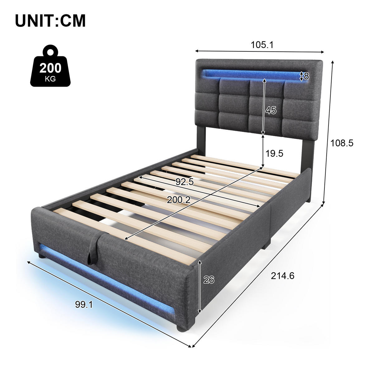 POLSTERBETT mit Stauraum, LED und USB 90x200 cm Leinen Grau - Grau, Metall (90/200cm) - Meubliv