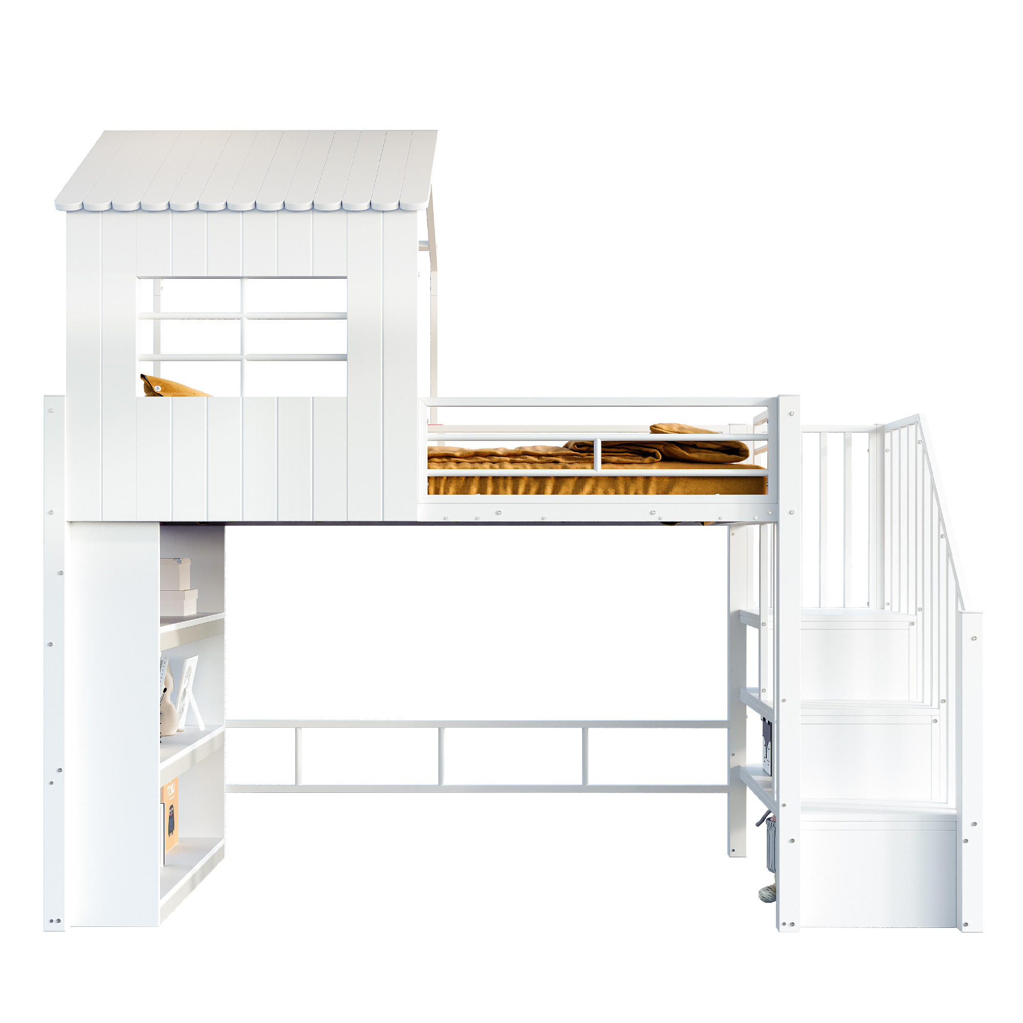 HAUSBETT 90x200 Weiß Metall Stauraum Treppe - Weiß, Metall (90/200cm) - FLIEKS