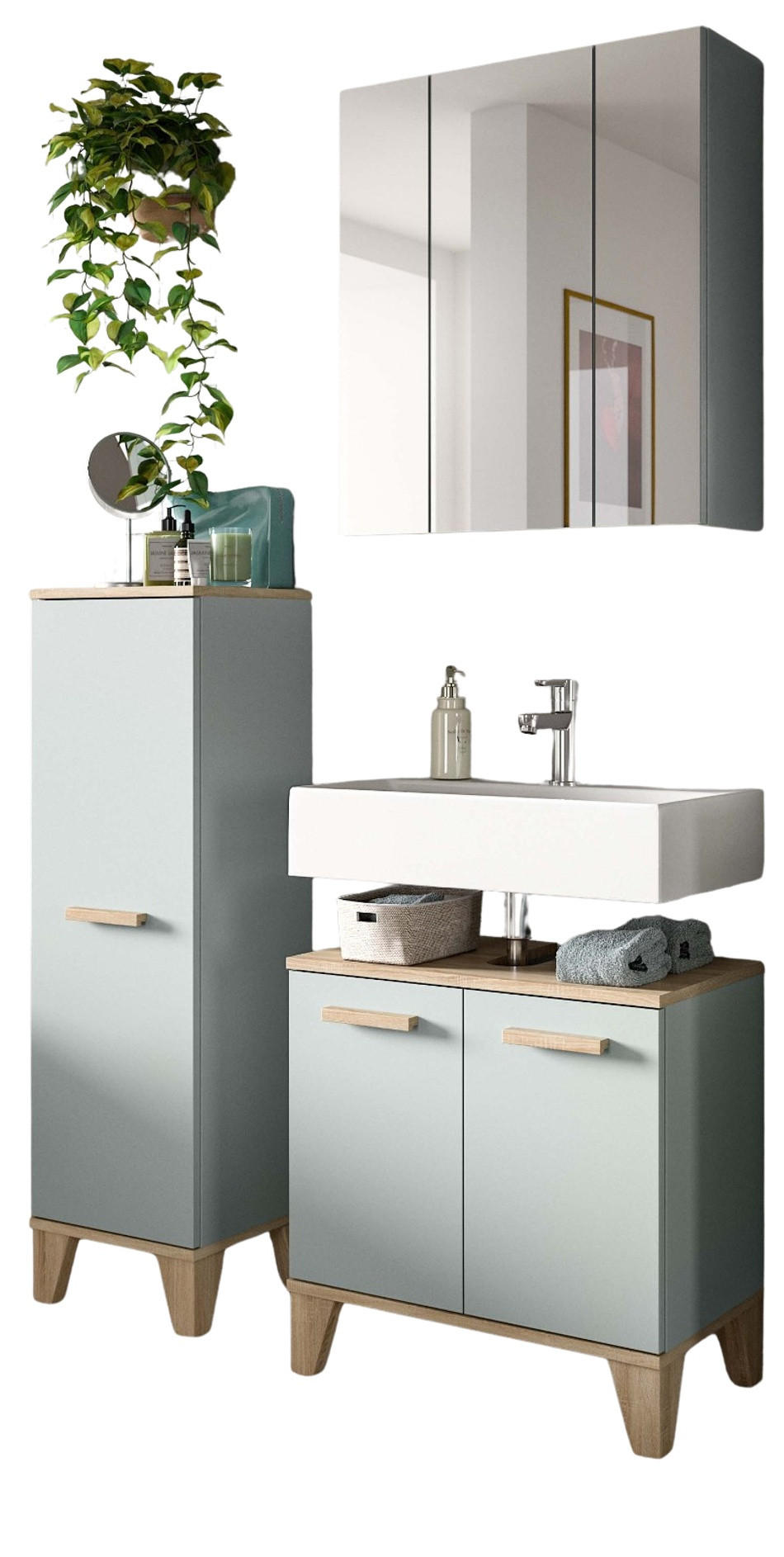 BADMÖBEL-SET 3-teilig grün, Eiche, Badkombination skandinavisch 109 x 190 cm - Eichefarben/Grün, Glas/Holzwerkstoff (109/190/34cm) - Inn.Furn