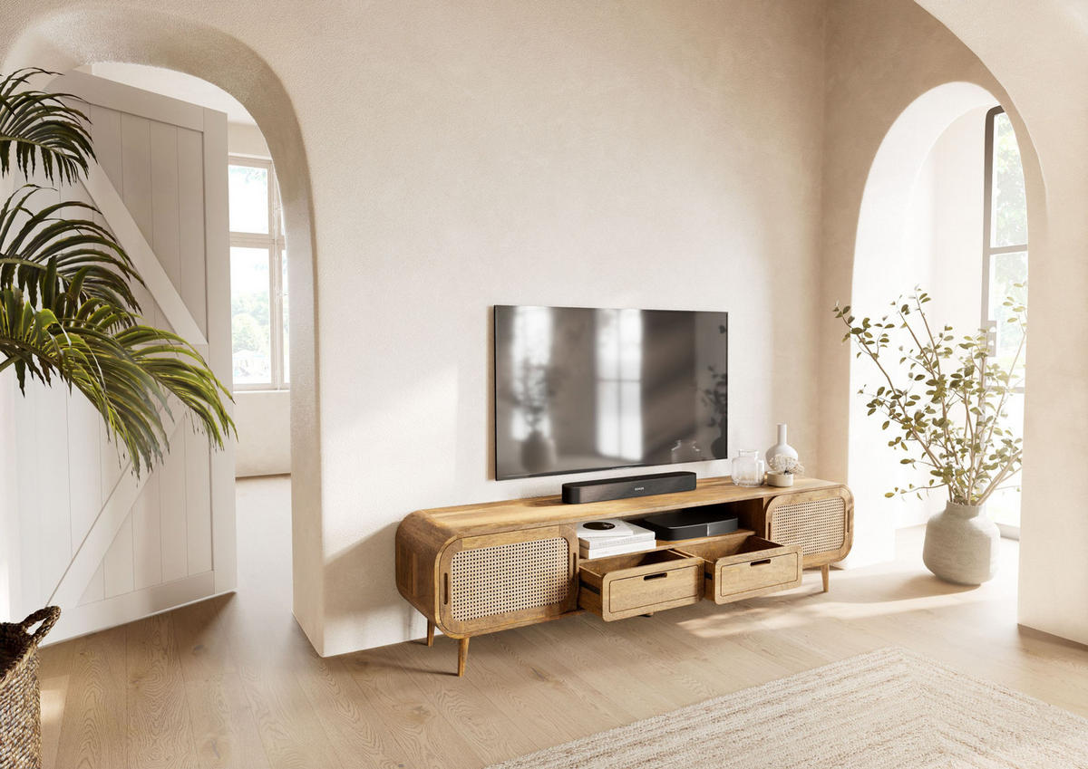 TV-BOARD Mango 200x40x50 natur lackiert VALENCIA #123 - Naturfarben, Holz (200/50/40cm) - Massivmoebel24