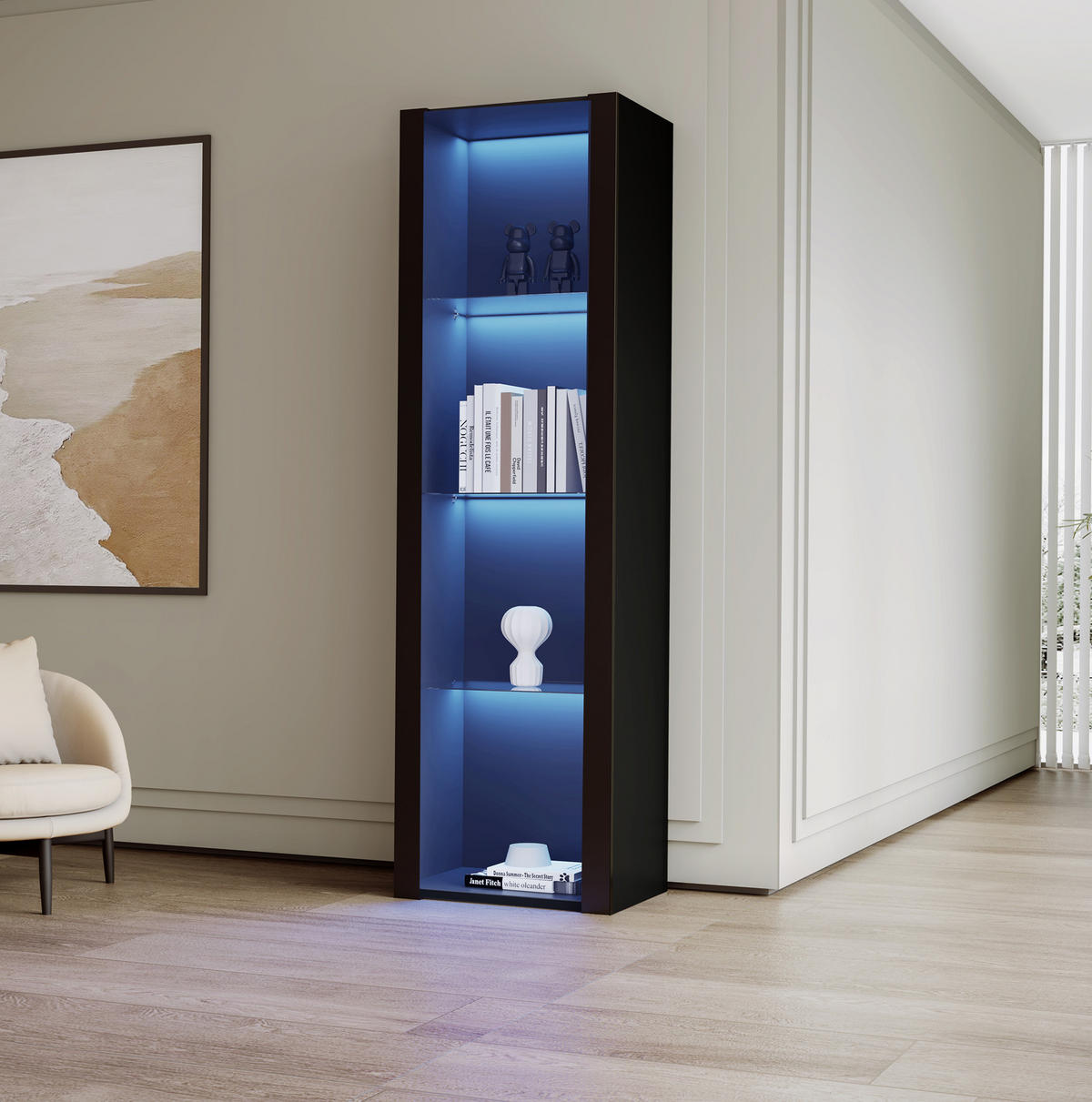 VITRINE 55/38/166 cm Schwarz aus Spanplatte mit LED-Beleuchtung - Schwarz, Holzwerkstoff (38/166/55cm) - OKMYHOME