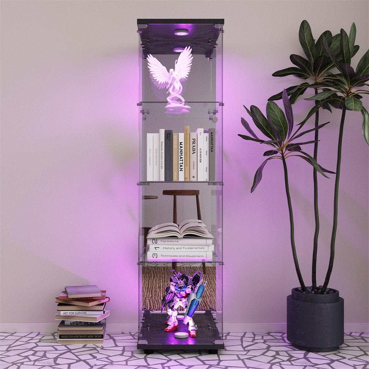 VITRINE - Glasvitrine mit 4 Ebenen - integrierte LED-Beleuchtung - Schwarzer Holzboden - Schwarz, Glas (42.5/164/36.5cm) - DELFA