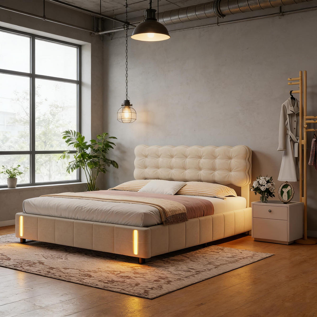 POLSTERBETT 160/200 cm mit LED,Doppelbett Bettgestell modern Samt Beige - Beige, Holz (160/200cm) - PARAFTA HOME