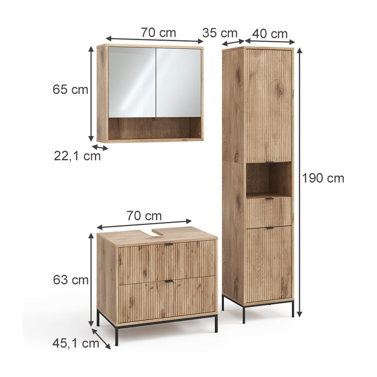 BADMÖBEL-SET Eliza Viking Oak 3 Teile - Eichefarben, Holzwerkstoff (70/63/45.1cm) - Vicco