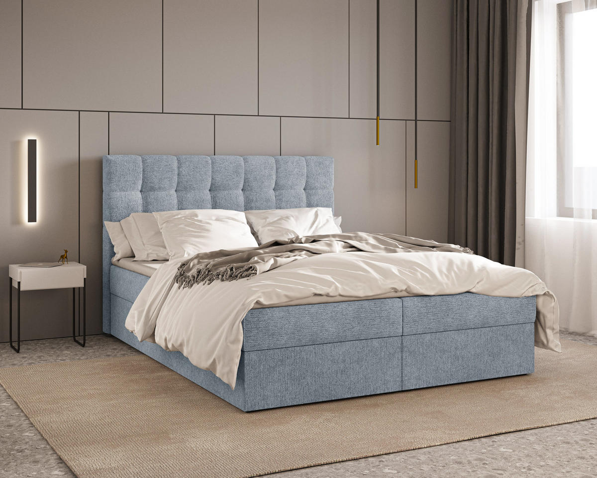 BOXBETT - Bett 05 OSLO - Aragon - 140x200 cm - mit Bettkasten und Komfort-Topper - Blau, Holz (140/200cm) - ROYAL24_MARKT