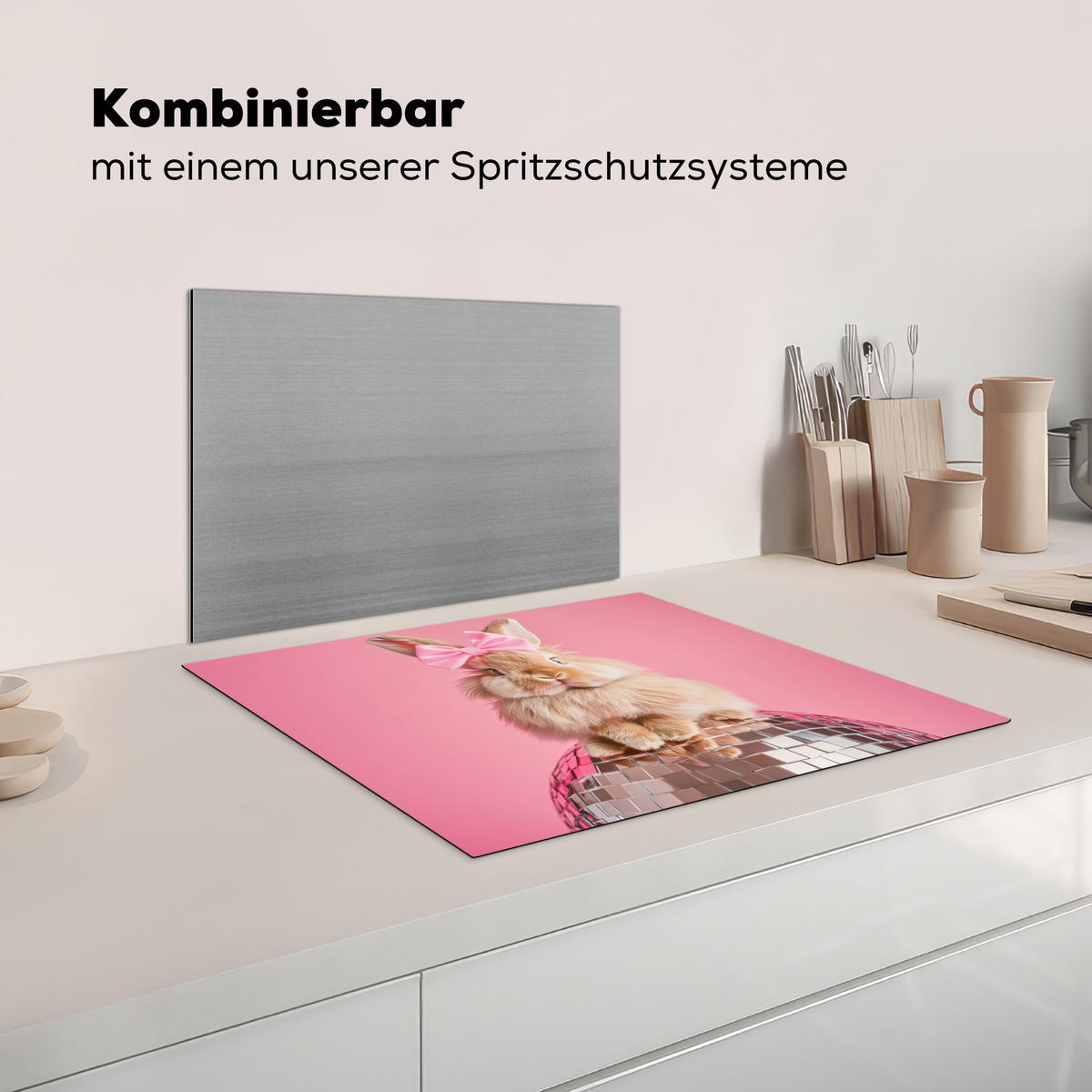 HERDABDECKPLATTE Schleife - Discoball - Kaninchen Herdabdeckung Induktionsfeld 65x52 cm - Pink, Kunststoff (65/52/0.2cm) - MuchoWow