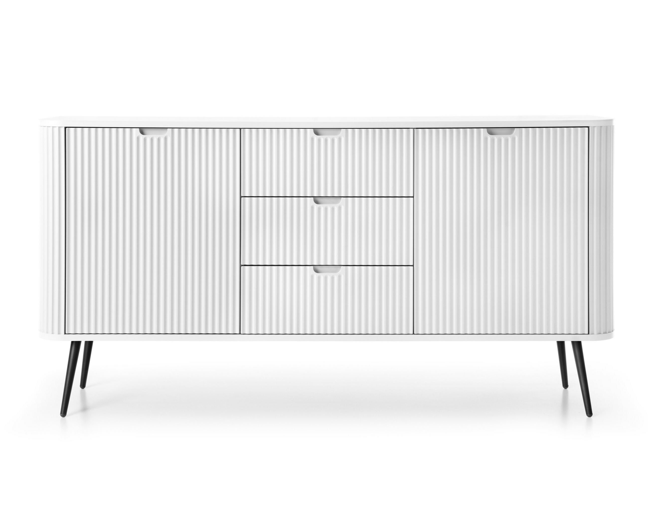 SIDEBOARD Salvia 2T 3S Weiß, Schwarz 168/87/39 cm – mit geriffelten Fronten und hohen Beinen - Schwarz/Weiß, Holzwerkstoff/Metall (168/87/39cm) - AX Living