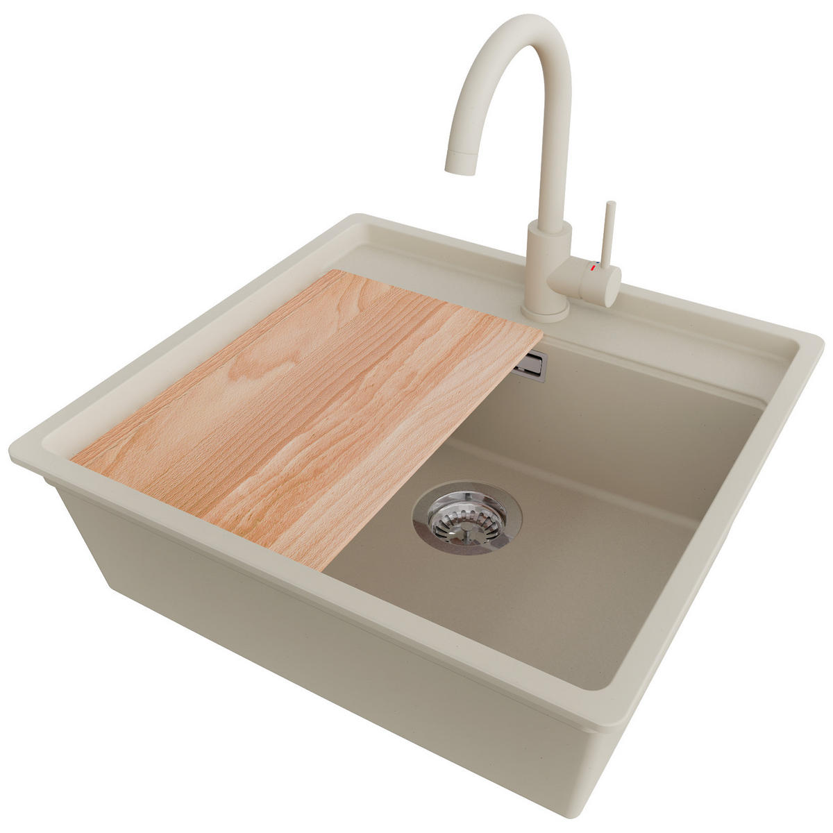 GRANITSPÜLE Bergen, 2-er set Beige 56/53 cm 1 Becken + Küchenarmatur 32/20 cm + Ablauf-Set + Schneidebrett ab 60er Unterschrank - Chromfarben/Beige, Kunststoff (56/20/53cm) - Primagran