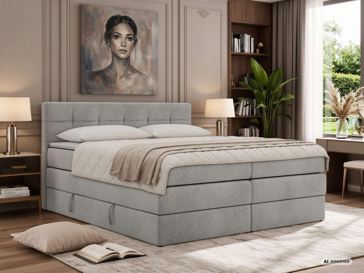 BOXSPRINGBETT SOLVEN KING 160/200 - Hellgrau Stukture - Topper T25 - H3 - Hellgrau/Schwarz, Kunststoff/Textil (160/200cm) - MKS