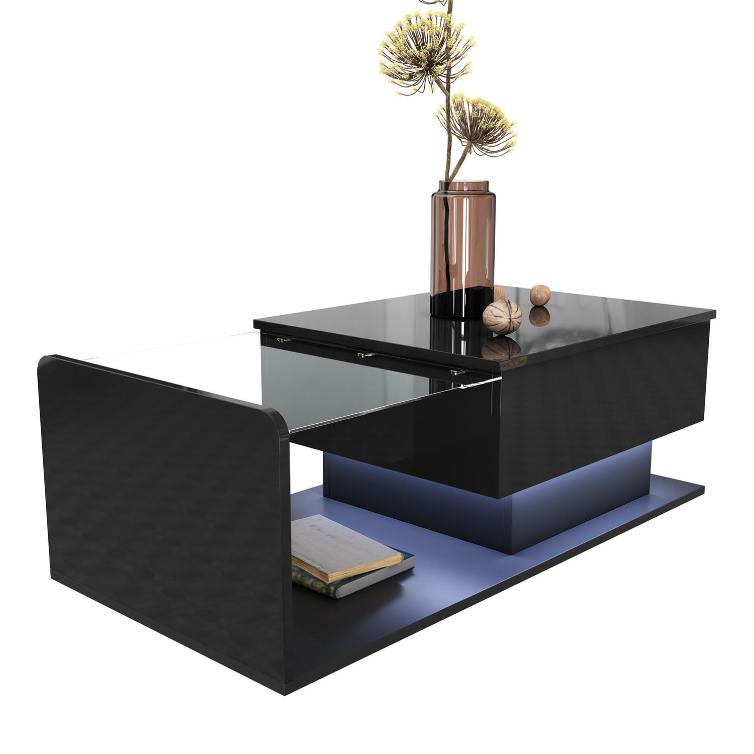COUCHTISCH Hochglanz Glas LED Schwarz - Schwarz, Holz (100/50/47.5cm) - Kaket
