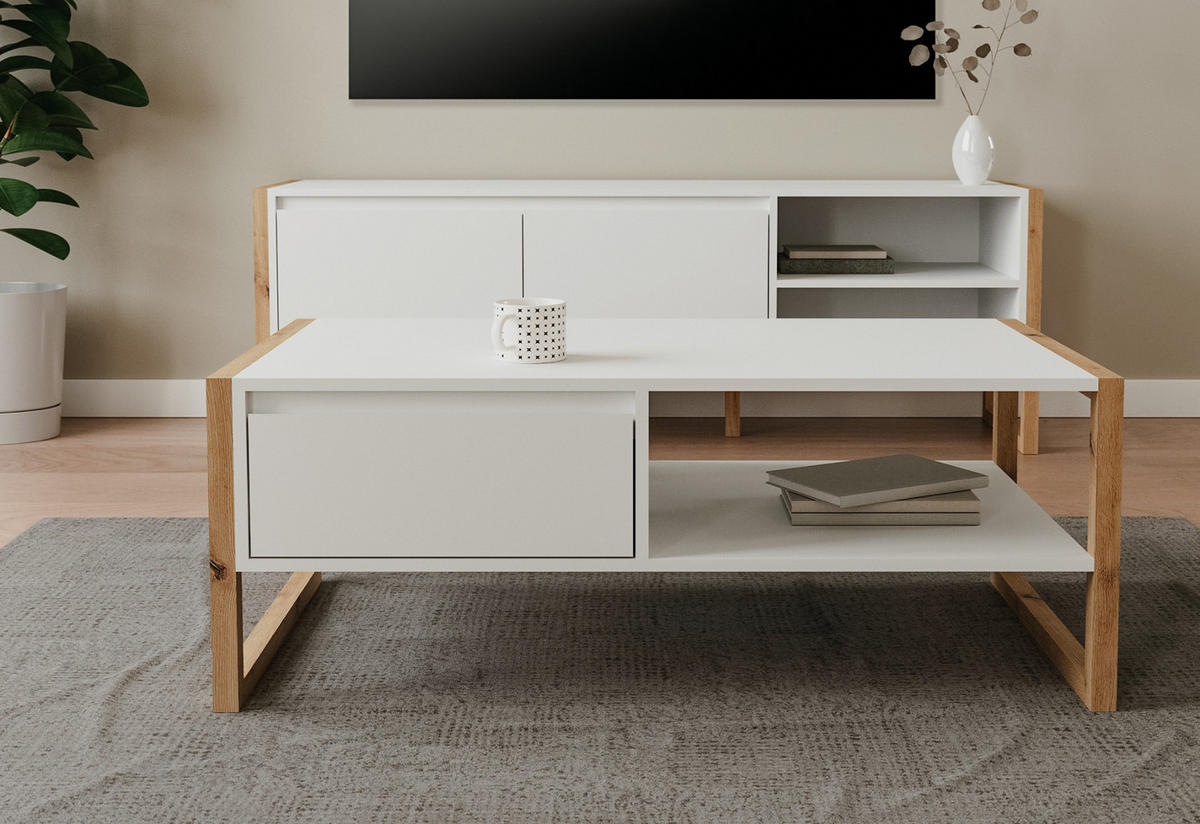 COUCHTISCH weiß, Eiche Artisan 100 cm, Wohnzimmertisch mit Stauraum - Eiche Artisan/Weiß, Holzwerkstoff (55/100/40cm) - Furn.Design