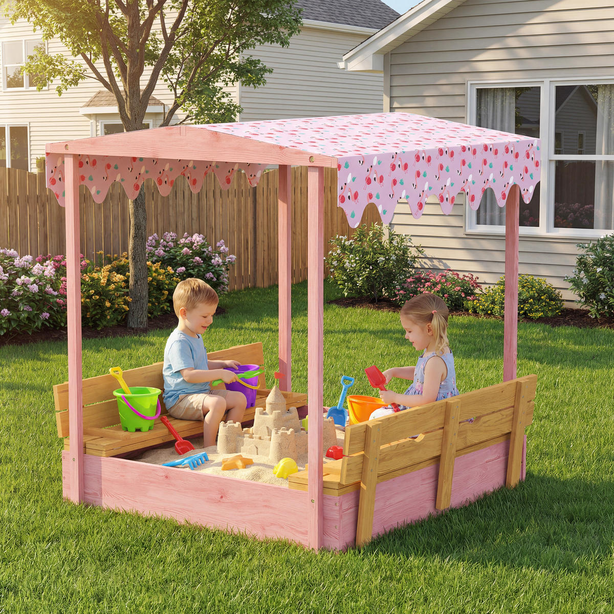 SANDKASTEN DE-18761 mit Klappbänken & Flamingo-Sonnensegel - Pink, Holzwerkstoff (134.5/127.5/130cm) - ComfortXL